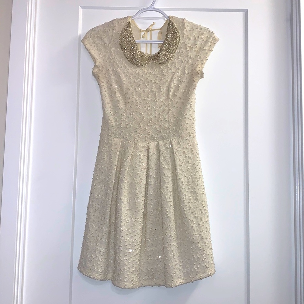 Sequin short sleeve dress with beaded pearl collar